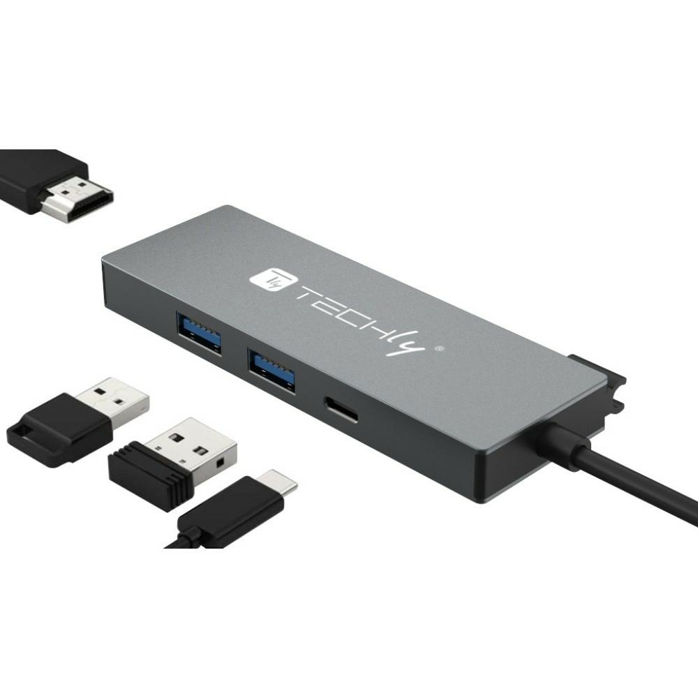 Techly IUSB32C-HUB4HPD replicatore di porte e docking station per laptop Cablato USB 3.2 Gen 2 (3.1 Gen 2) Type-C Grigio