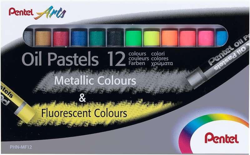 Pastelli a olio Pentel Confezione da 12 Pastelli a olio - 6 metallizzati e 6 fluorescenti - Morbidi cremosi e ad asciugatura le