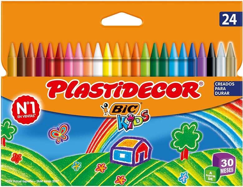Bic Kids Plastistecor Scatola da 24 pennarelli per cera - Extraresistente - Facile da mettere in punta - Non macchiarsi