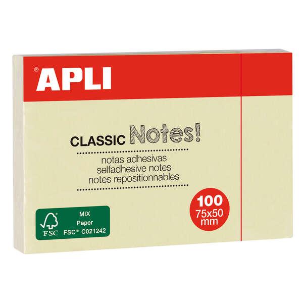 Blocco note Apli Classic Sticky Notes 75x50mm 100 fogli - Adesivo di qualit - Facile da staccare - Ideale per promemoria - Gia