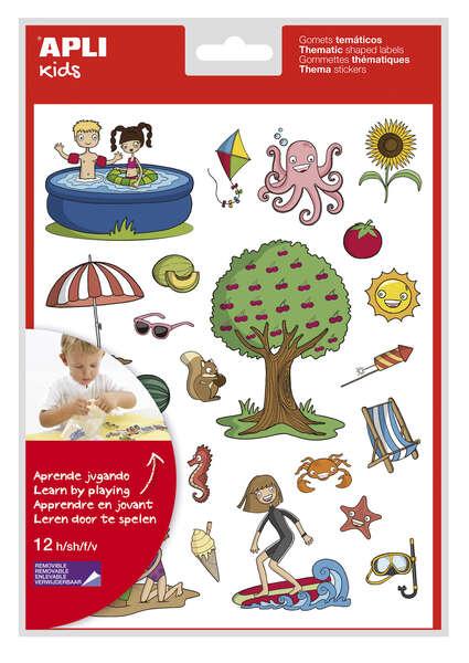 Apli Adesivi Tema Estate - 12 Fogli (288 adesivi) - Adesivo rimovibile - Illustrazioni didattiche - Norme EN-71 e FSC - Adesivo