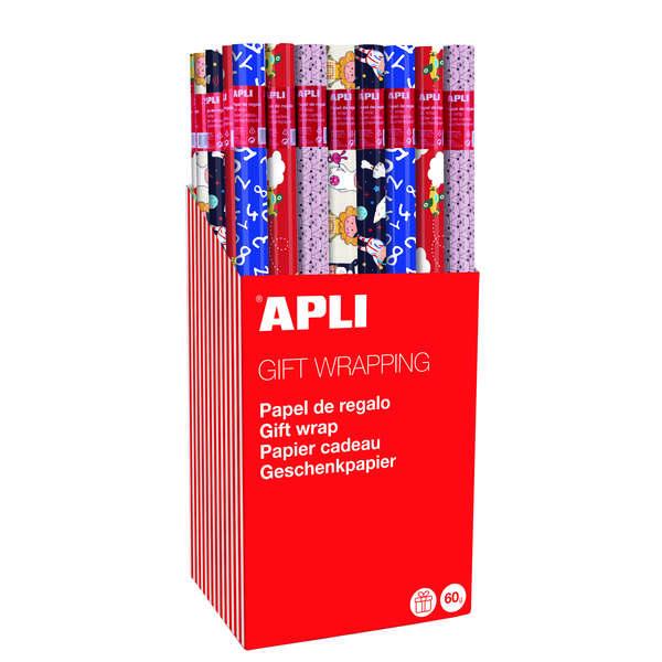 Espositore Apli da 55 Rotoli di Carta Regalo per Bambini - 11 Rotoli per Colore - Misure Rotolo 070x2m - 5 Disegni
