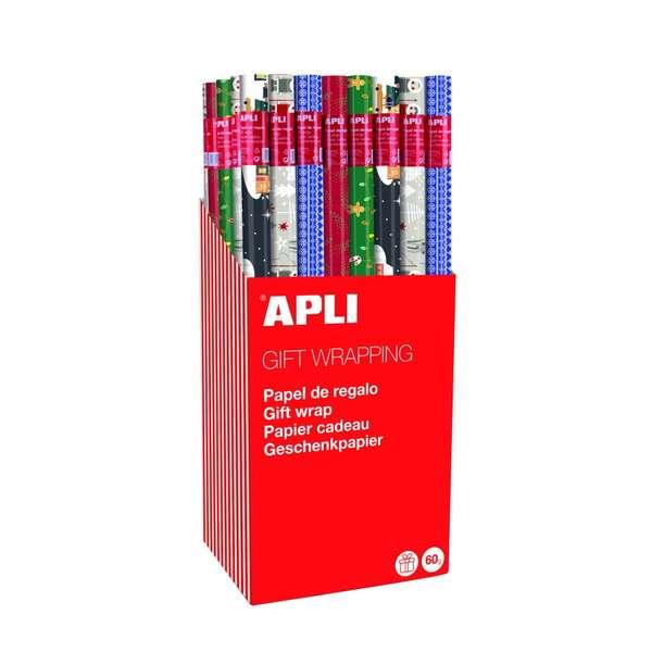 Espositore Apli da 55 Rotoli di Carta Regalo di Natale - 11 Rotoli per Colore - Misure Rotolo 070x2m - 5 Disegni