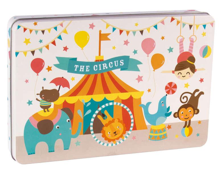 APLI Kids Circus Puzzle - 24 pezzi da 8x8 cm - scatola rettangolare in metallo - design esclusivo di Lily Lane - Gestione facil