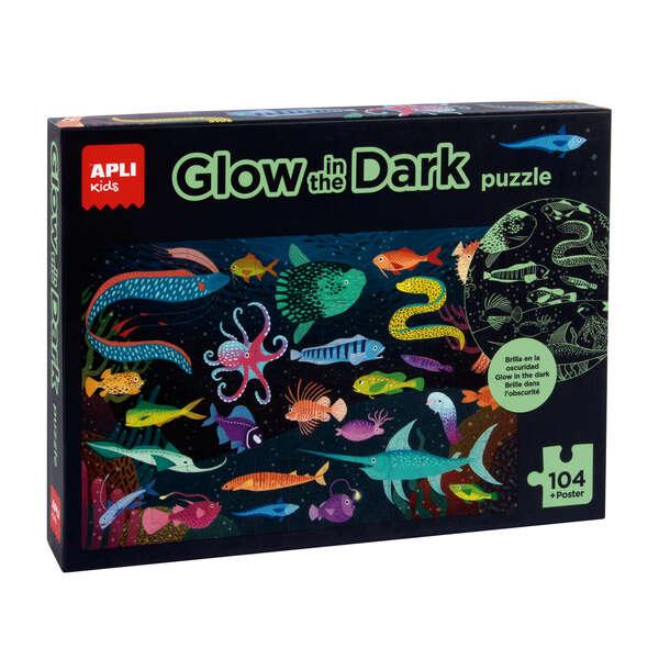 Appli Kids Puzzle Fluorescente Glow in the dark a tema oceano - 104 pezzi 5x5 cm - misura 64,5x41,5 cm - Include poster - bambi