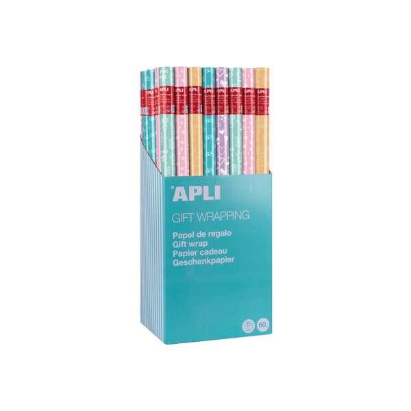 Display Apli da 55 rotoli di carta regalo Nordik Fun - 11 rotoli per colore - Misure rotolo 070x2 m - 5 disegni