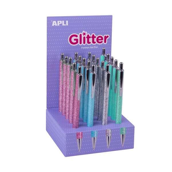 APLI Glitter Espositore da 20 penne in metallo - incisione ad olio - asciugatura rapida - pool 1mm - colori supportati