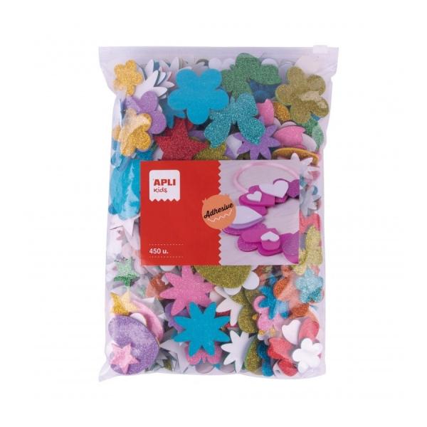 Pacchetto Appli di 450 Flays of Adesive Eva con glitter - stelle, cuori, fiori e farfalle - Spessore 2 mm - Closura zip miglior