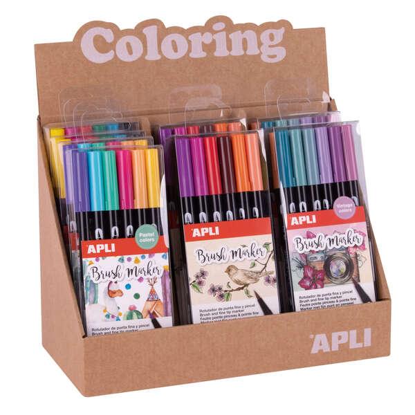 Pennarelli con spazzole di colore APLI - Espositore con 8 pacchi Supportati - doppio nylon di tipo 1-4 mm e punta tonda