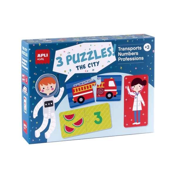 Set 3 puzzle trasporti mestieri e numeri - 24 pezzi per puzzle 72 pezzi totali - taglia 7 x 7 cm