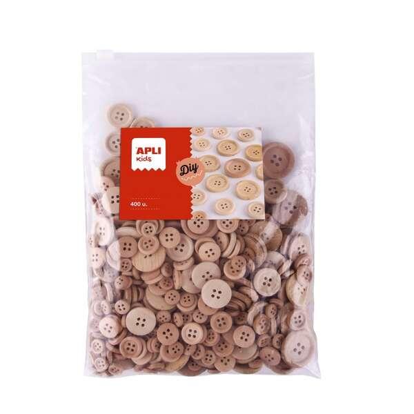 Apli Kids Borsa da 400 Bottoni in Legno Naturale - Misure 10mm 15mm 20mm 25mm 30mm