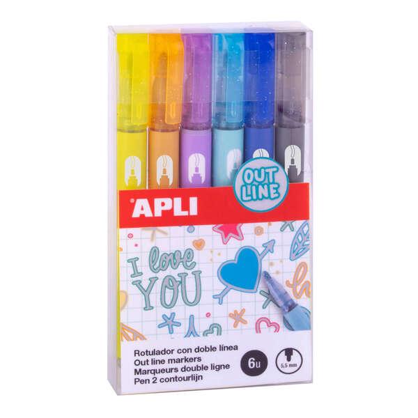 APPI Double Line Works - 5.5 mm - Base alcolica - Confezione da 6 colori - Scrittura interna in argento con colore colorato - I