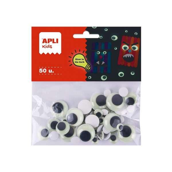 Apli Kids Confezione da 50 Occhi Adesivi Rotondi in Movimento - Si illuminano al Buio - Misure 8mm, 10mm, 15mm, 20mm