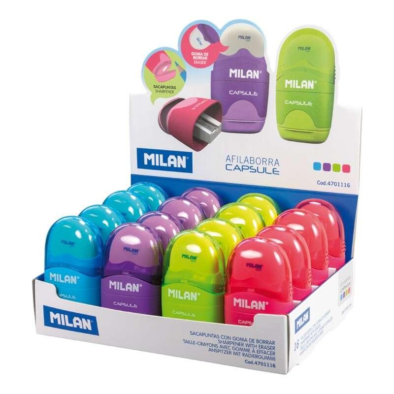 MILANA CAPSULE Espositore da 16 Affilatori - Lama in acrilico - Elimina gomma - Lama in sicurezza - Colori ordinati