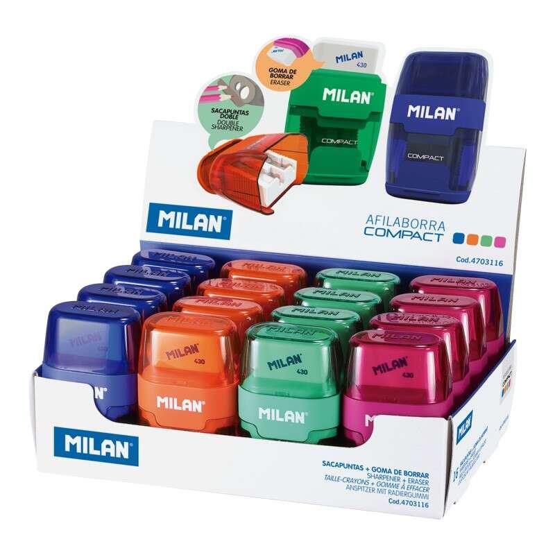 MILANA COMPACT Display da 16 affilatori - Uso standard e maxi - Lama in acrilico - Elimina gomma - Lama sicura - Colori ordinati