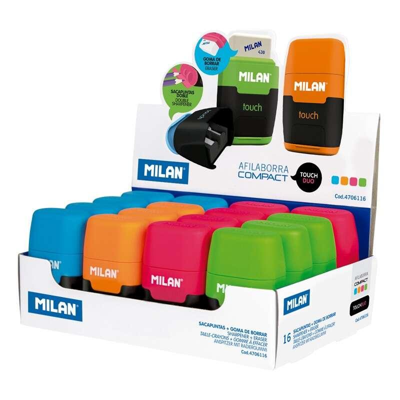 MILANO COMPACT FLUO Display da 16 affilatori - Uso standard e maxi - Lama in acrilico - Elimina gomma - Lama sicura - Colore or