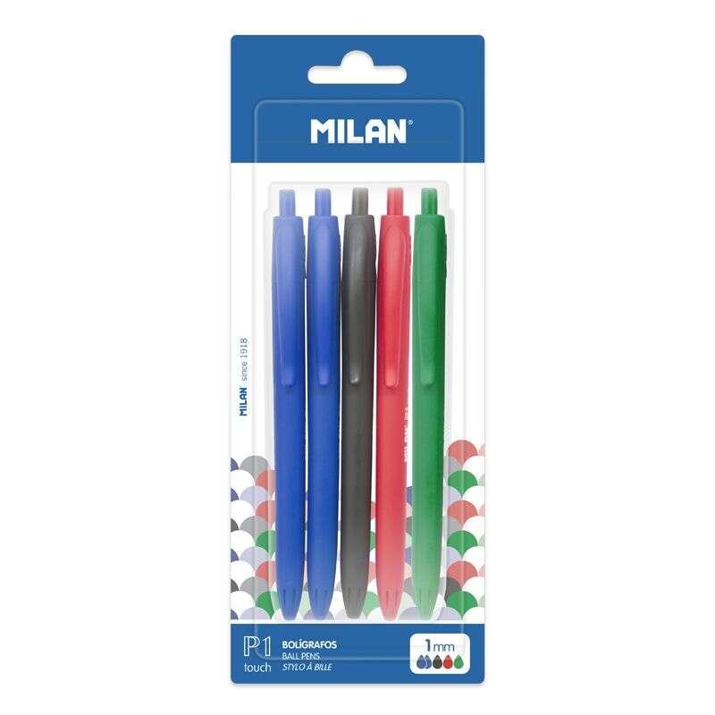 Milan P1 Touch Confezione da 5 penne a sfera retrattili - Punta rotonda da 1 mm - Inchiostro a base di olio - Scrittura fluida