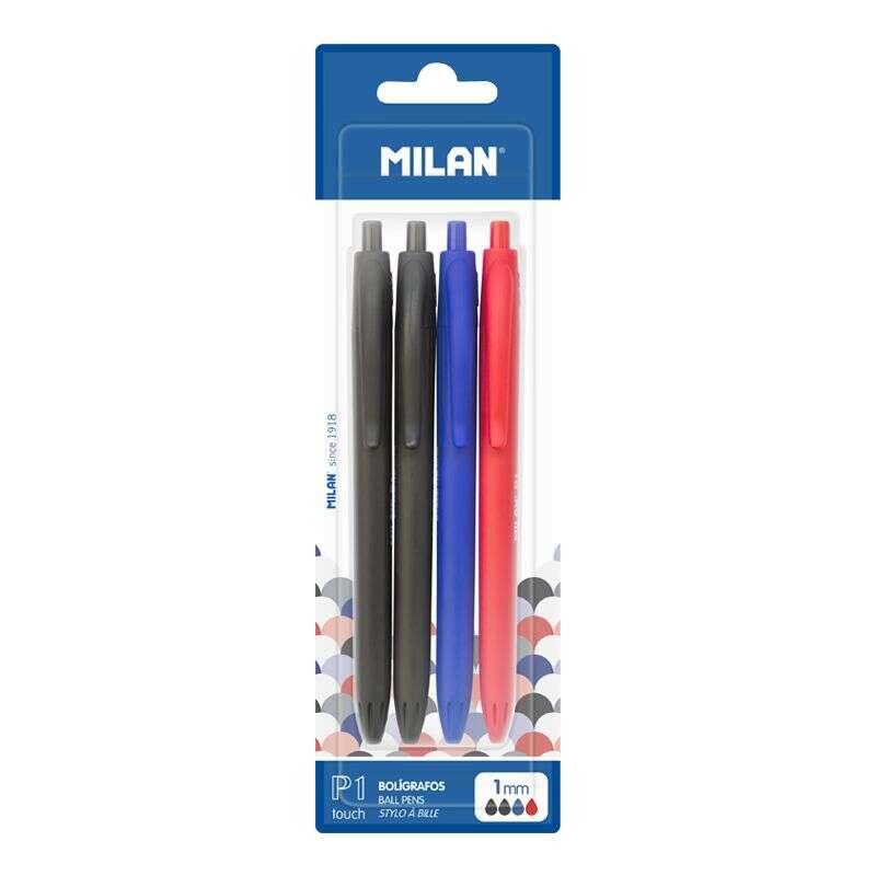 Milan P1 Touch Confezione da 4 penne a sfera retrattili - Punta tonda da 1 mm - Inchiostro a base di olio - Scrittura fluida -