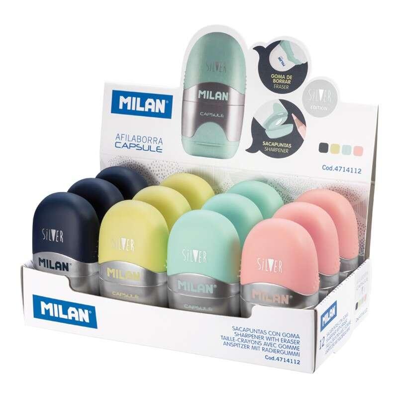 MILANA CAPSULE SIGNITORE APPOSTO DI 12 SHARPENER - Lama in acciaio - Elimina gomma - lama di sicurezza - Colori circondati