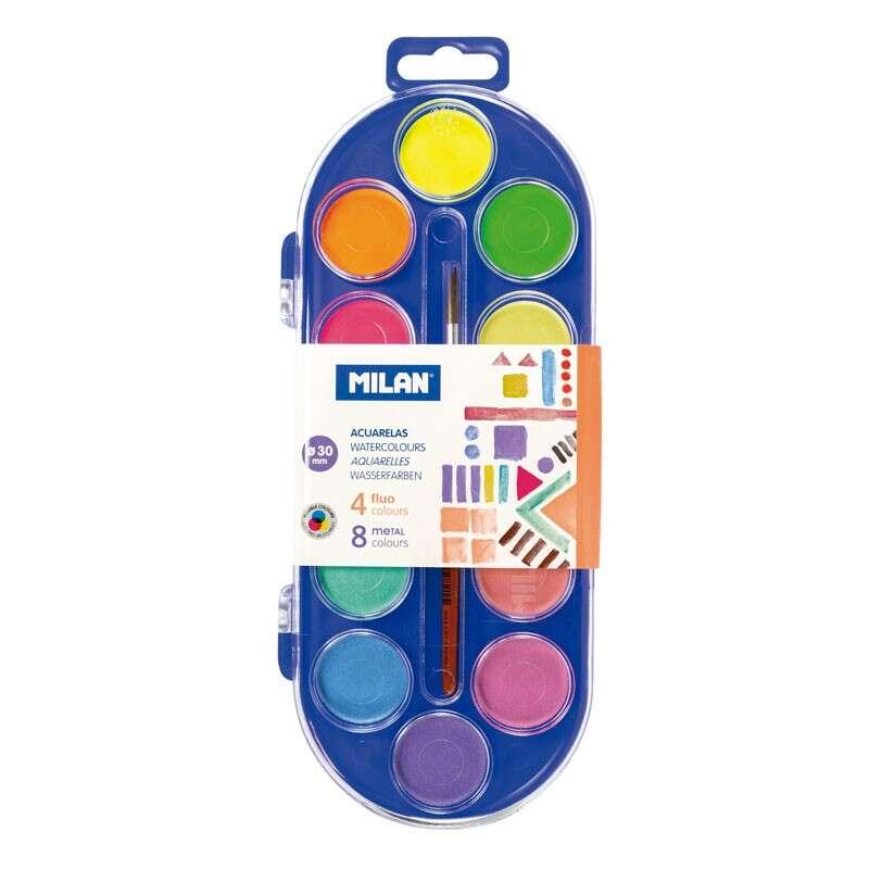 Milano 0531512 Astuccio da 12 Acquerelli ÃƒËœ30 mm + 101 Serie Pennello - Mixtable - Colori fluorescenti e metallizzati