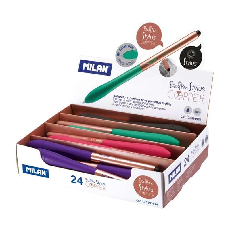 MILAN STYLUS COPPER Expositor di 24 bowling a sfera retrattile - Punta 1mm - puntatore a schermo tattile - corpo a colori inchi