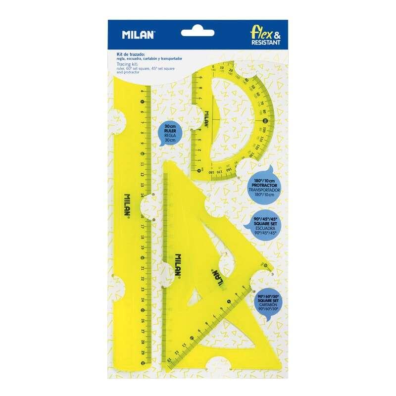 Pacchetto Milano di 4 regole flessibili e resistenti - regola, squadra, campana e trasportatore - colore giallo