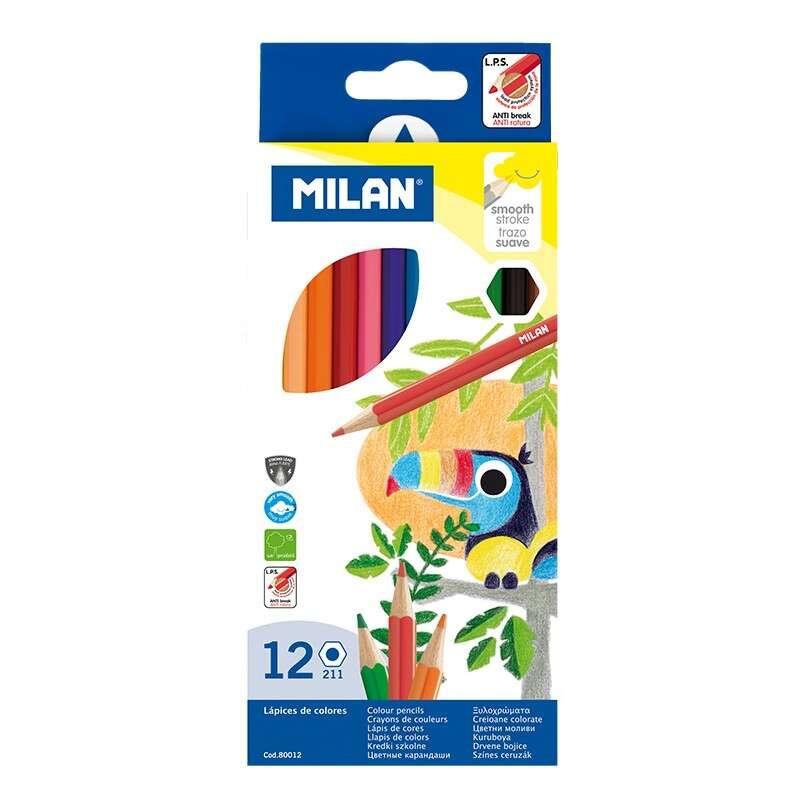 Pacchetto di milan di 12 matite esagonali colorate - Mina 2,9 mm - Scatta uniforme - Resistente alla rottura - Colori circondati