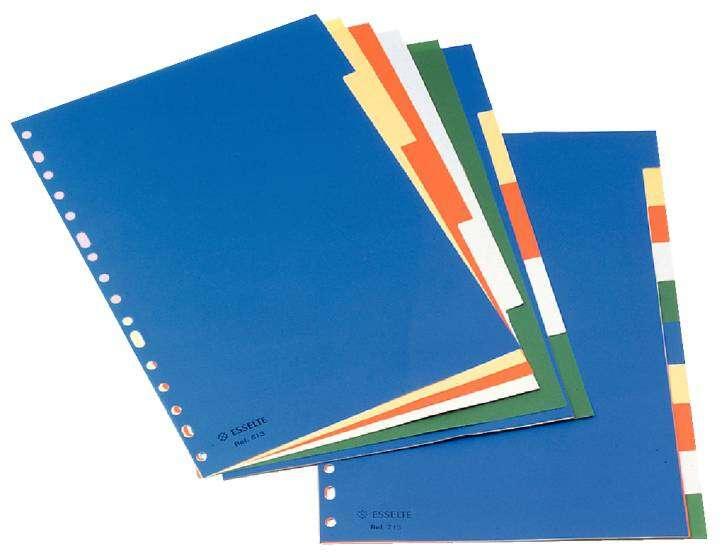 Esselte Divisori in plastica A4 10 schede 5 colori Bianco Nero Cartoncino - Materiale PP - Formato A4 - Multiforo - 10 schede 5