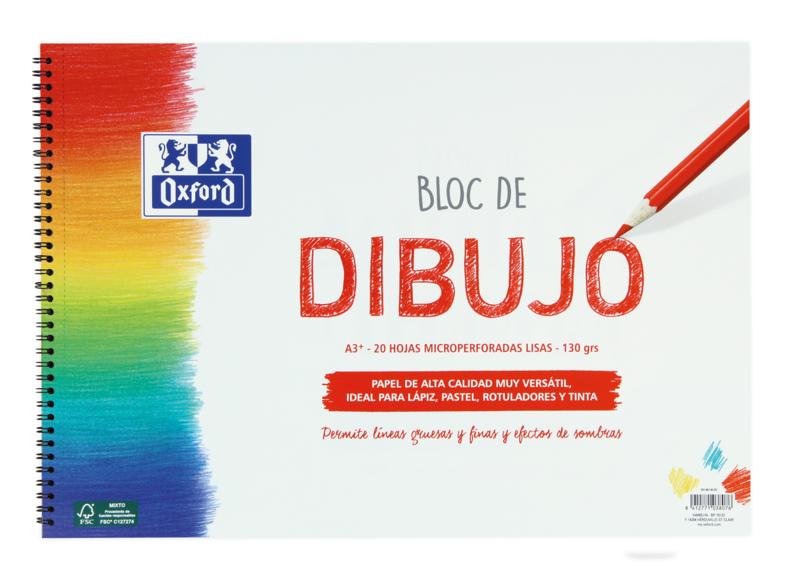 Blocco a spirale da disegno Oxford School A3+ - Copertina morbida/Copertina posteriore rigida - 20 fogli da 130 gr a tinta unita