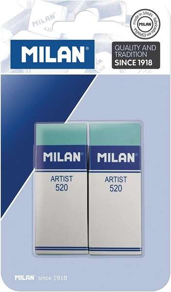 MILAN CORE 520 Pacchetto di artisti di 2 gomma rettangolare - plastica - strisce di cartone bianca - non danneggia la carta - c