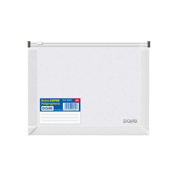 Borsa con cerniera orizzontale Dohe in polipropilene trasparente - 180 micron - Chiusura ermetica bianca con cerniera - Dorso e