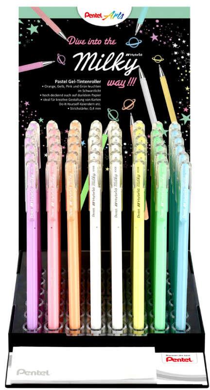 Pentel Hybrid Milky Display da 48 penne a sfera - Punta fine 08 mm - Corsa 04 mm - Inchiostro gel opaco - Colori assortiti