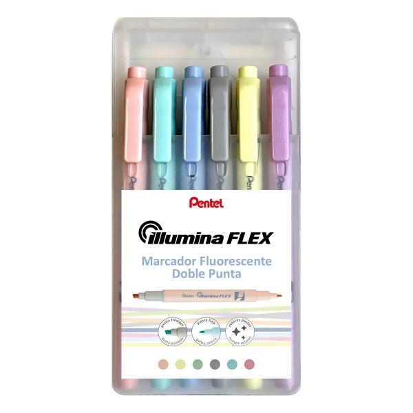 Pentel Illumina Flex Confezione da 6 pennarelli fluorescenti a doppia punta - Tratto smussato tra 15 e 35 mm - Tratto conico 1