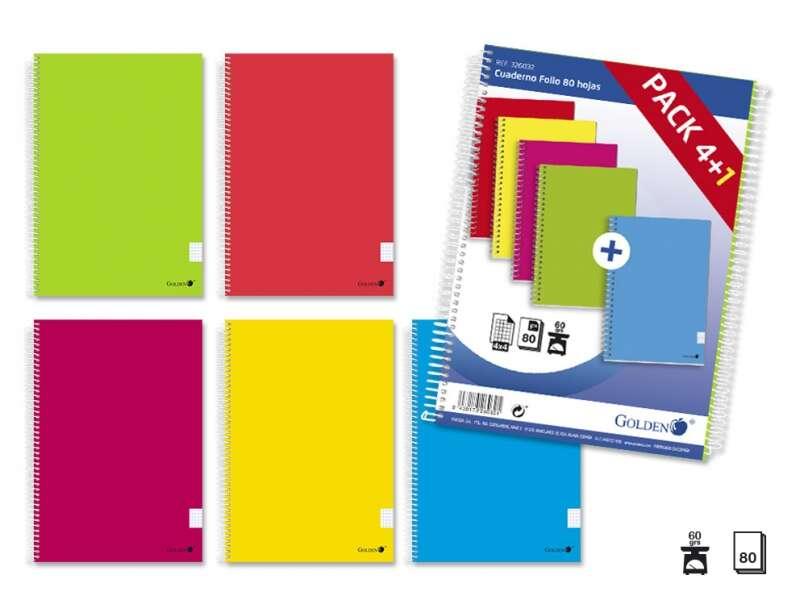 Confezione Golden da 5 quaderni con copertina laminata normale da 80 fogli - Margine evidenziato - Griglia 4x4