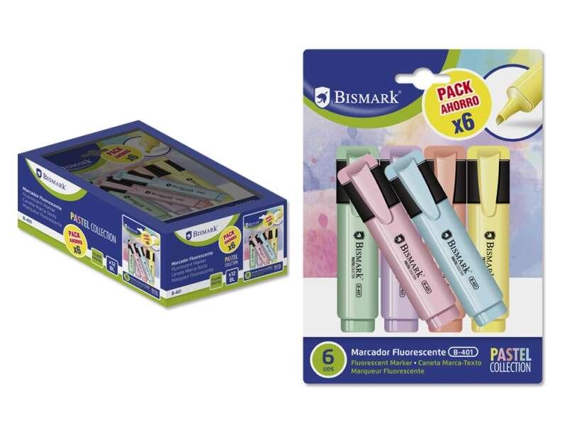 Confezione da 6 pennarelli pastello fluorescenti Bismark - Inchiostro ad asciugatura rapida - Punta a scalpello - Ideale per so