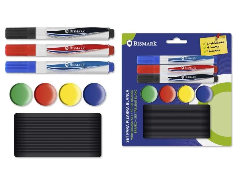 Bismark Confezione da 3 pennarelli per lavagna 4 magneti gomma - Colori assortiti