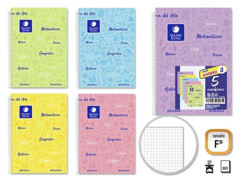 Confezione dorata da 5 quaderni con soggetto Copertina rigida Folio 80 fogli da 90 gr Griglia 4x4