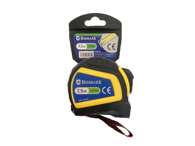 Flexometro Bismark 7,5 m Custodia in gomma rinforzata extra resistente - Freno e nastro per appendere - Colore nero