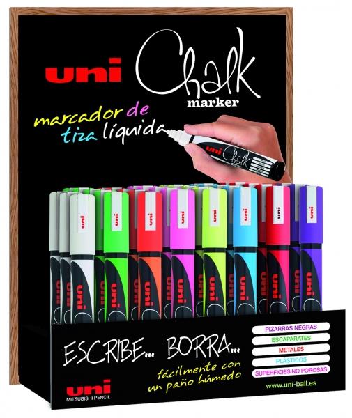 Uni Chalk Marcatore di gesso liquido -PWE-5M/3D Espositore 18-25mm - Caratteristiche Marcatore di gesso liquido con cancellazio
