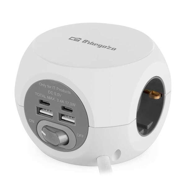 Orbegozo EN 4000 - Spina 7 in 1 con prese di terra e connessioni USB-C - Compatta e sicura - Ideale per i viaggi - Cavo da 15 m