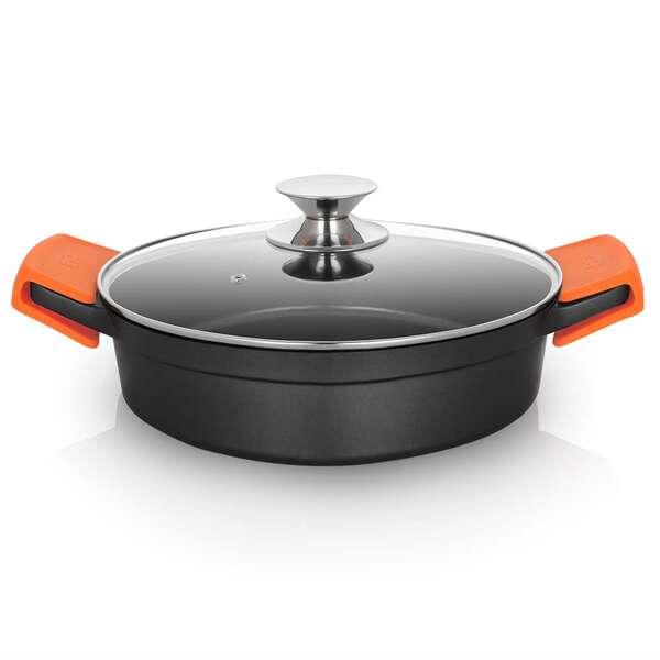 Casseruola Bassa Serie Orbegozo CBD 28 L - Alluminio Pressofuso Indeformabile - Manici in Silicone - Coperchio in Vetro Tempera