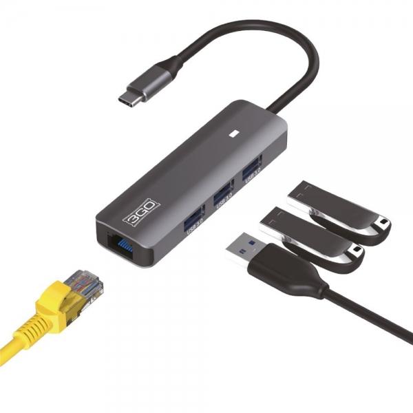 HUB USB 3GO - 3 PORTE USB 3.0 1 porta ETHERNET - Colore Argento