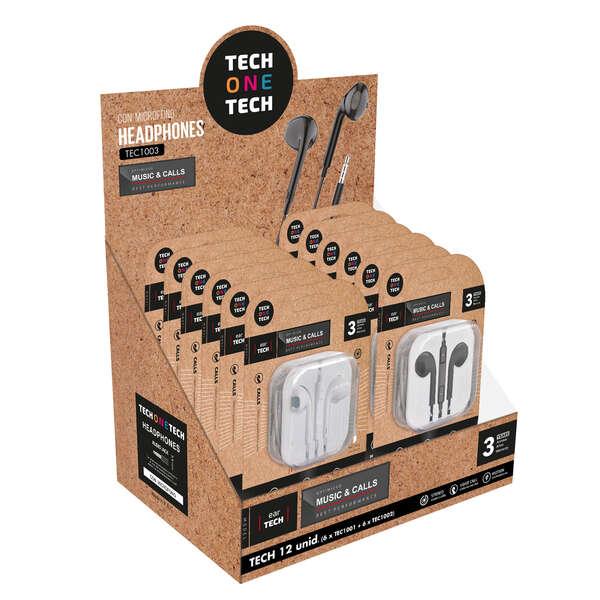 Display TechNetech Ear Tech con 12 cuffie in-ear - Microfono integrato - Mini Jack 3,5 mm - Assistente vocale - Cavo da 1,20 m
