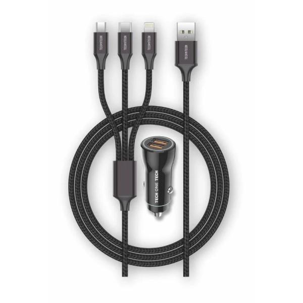 Batteria per auto TechOneTech 2x Cavo USB-A 3 in 1 MicroUSB Lightning e USB-C - Nero