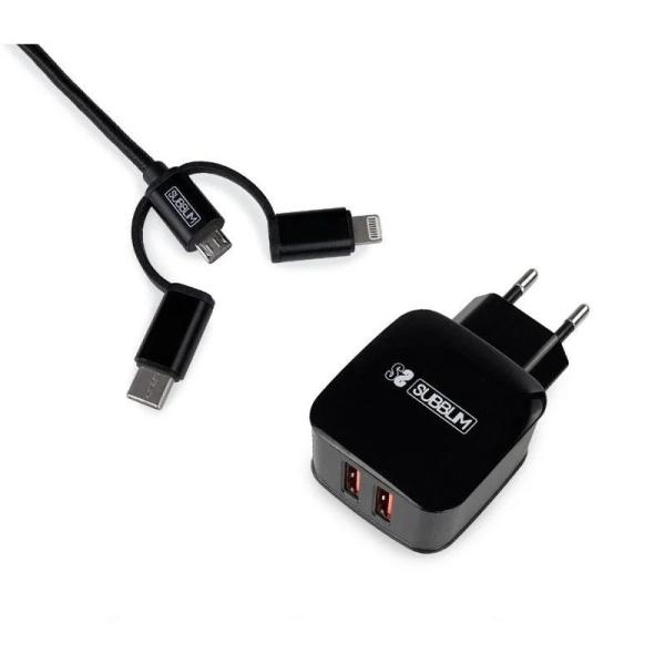 Caricatore Dual Wall Subblim - Lunghezza 1 m - Esterno in nylon resistente e flessibile - Ricarica rapida fino a 2400 Amp/12 W