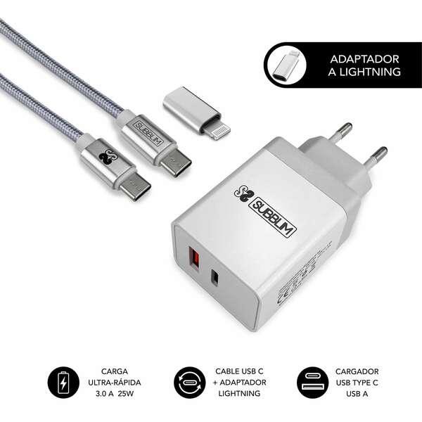 Caricatore da Muro Subblim 25W - 2 Porte (USB C + USB A) - Ricarica ultra rapida - Cavo USB C ad alte prestazioni - Esterno in