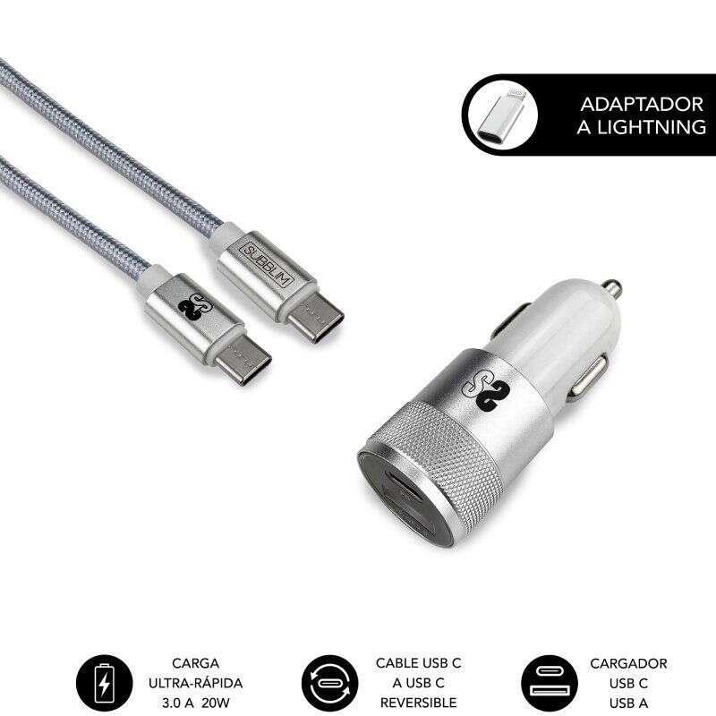 Caricabatteria da auto doppio Subblim PD20W+QC3.0+cavo C a C/Lightning - 20 W - Ricarica rapida simultanea - Cavo USB C reversi