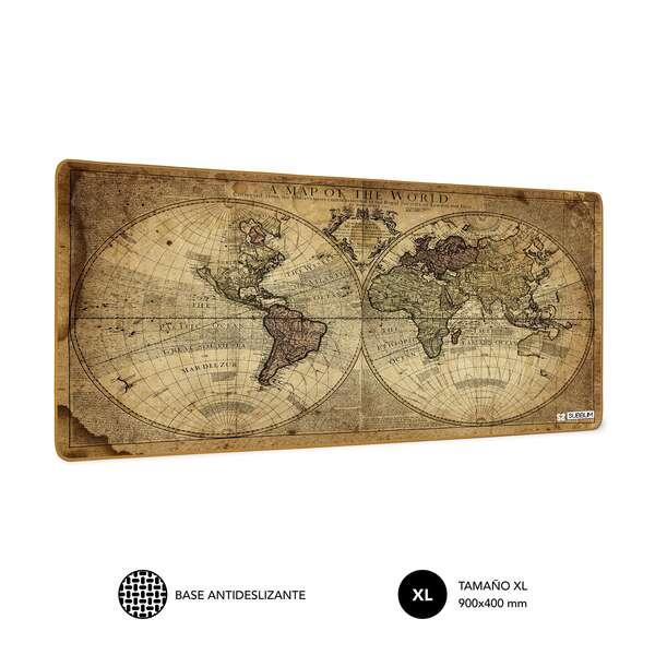 Subblim Tappetino da scrivania con mappa del mondo vintage - Dimensioni 900x400x3mm - Spazio per mouse e tastiera - Resistente