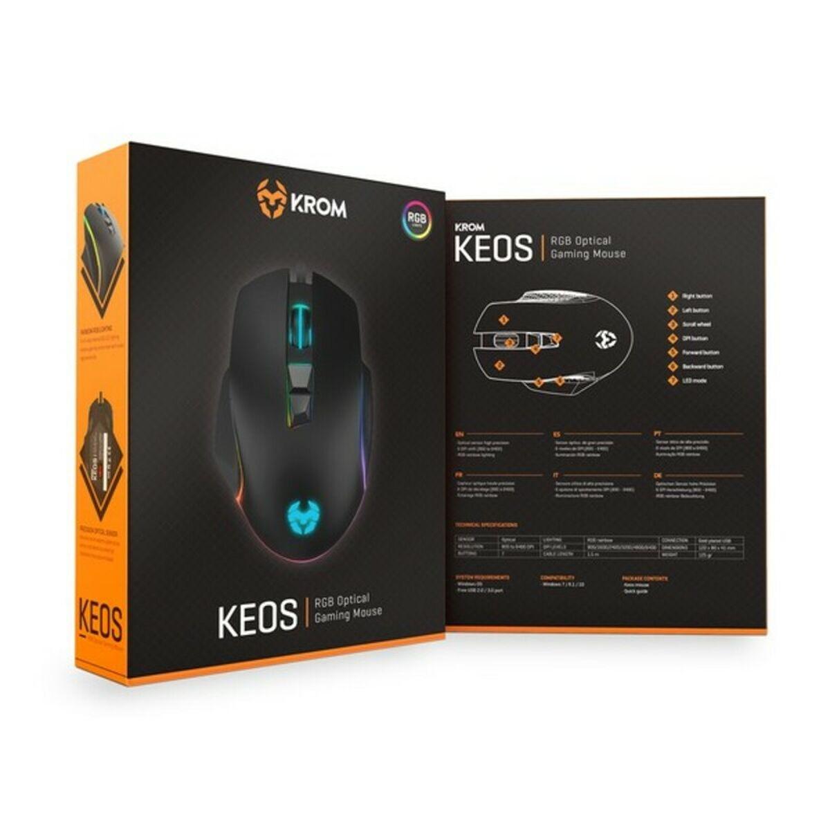 Krom Keos Mouse Gaming USB 6400DPI - 7 Pulsanti configurabili - Luce arcobaleno RGB - Uso colorato a destra - colore nero