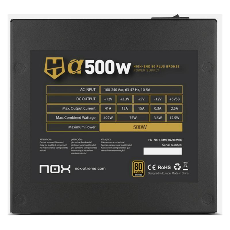 NOX HUMMER ALPHA 500W Fonte alimentare in bronzo 500W ATX 2,31 12V - PFC attivo - Certificazione 80 Plus - Ventile UltraSyLenc